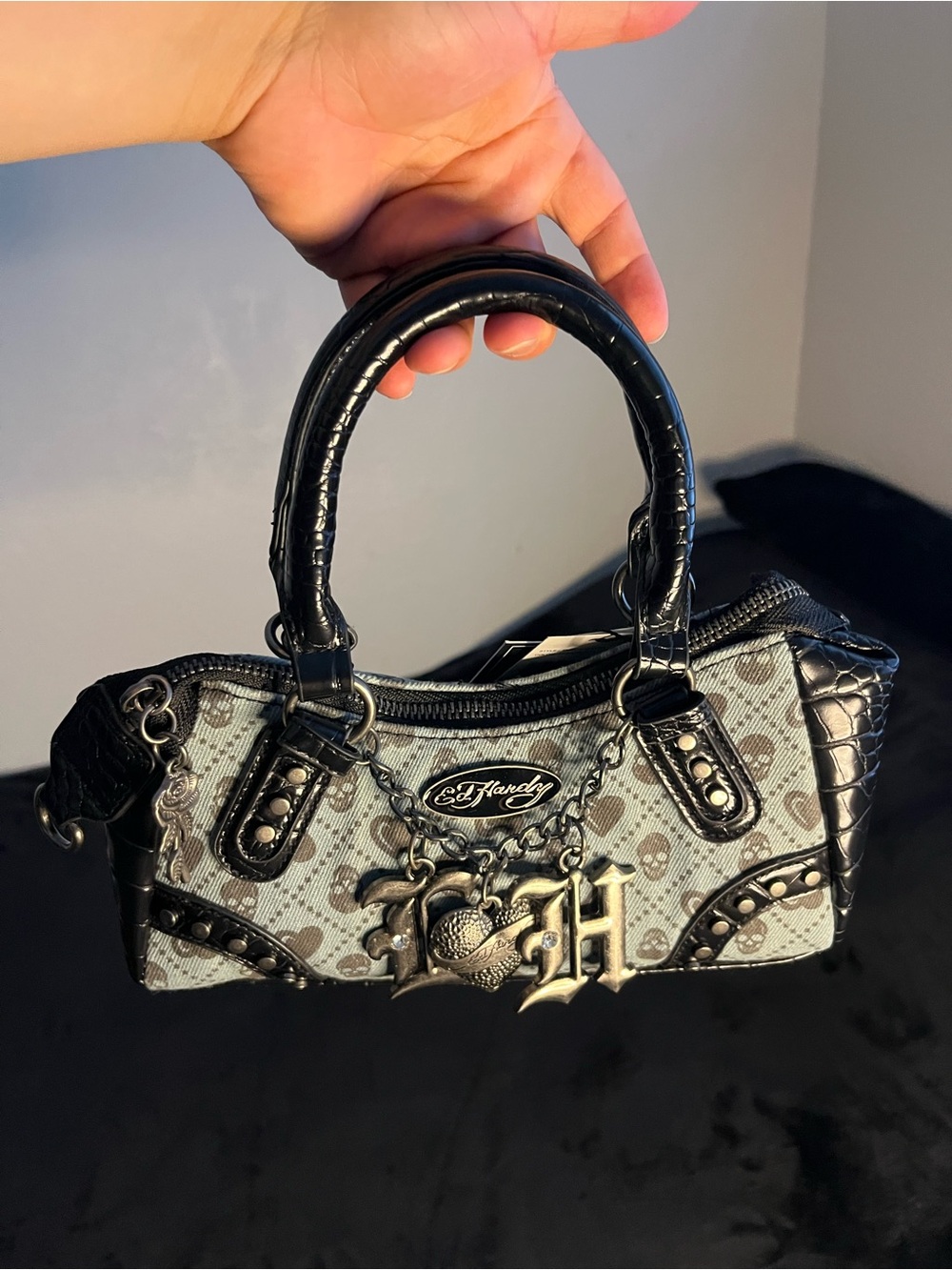 Ed Hardy Black and Gray Skull-Print Mini Satchel